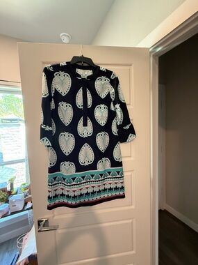 crown & ivy Navy and White Printed Midi Dress with Teal Border